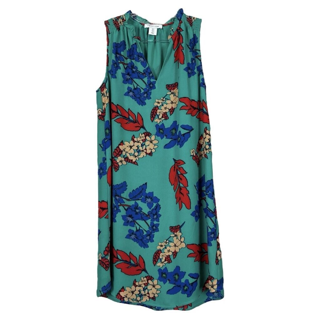 Tabitha Webb Floral Leaf Print Boho Ruched Cocktail Dress Green Blue Size US 2